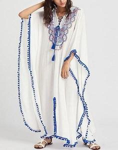 Robe maxi en coton pour femme de qualité supérieure avec col en V brodé et dentelle sur le devant |   Robe d'été décontractée style bohème longueur cheville en gros - Product Image 3