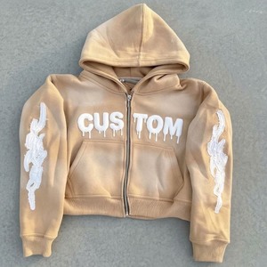Custom Embroidered <b>Zip</b>-Up <b>Hoodie</b> Crop Length Unisex Streetwear French Terry Regular Fit White Letter Design Front <b>Pocket</b> - Product Image 3