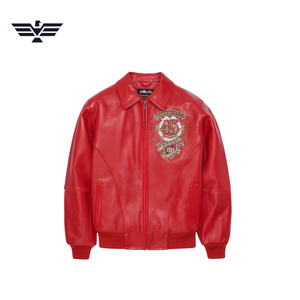Blouson universitaire rouge en cuir PU pour homme avec logo brodé, fermeture éclair, col montant, coupe-vent, idéal pour l'hiver - Product Image 1