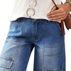 Jean en denim décontracté bleu délavé aux enzymes pour femme, taille haute, coupe ample, jambe large, avec coutures apparentes, poches utilitaires, respirant, séchage rapide, taille XL - Product Image 3