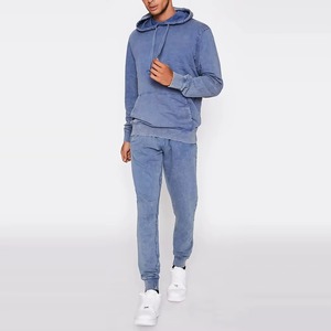 Custom Hot Selling <b>Pullover</b> Acidwashed Blue Color Sweatsuit Sets <b>Men</b> Patch Acid Wash Hoodie and Sweatpants Set Tracksuit for <b>Men</b> - Product Image 2