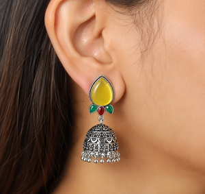 Antique Oxidized Silver <b>Cat</b> Eye Stone Jhumka <b>Earrings</b> Handmade Indian Traditional Jewelry for Women - Product Image 2