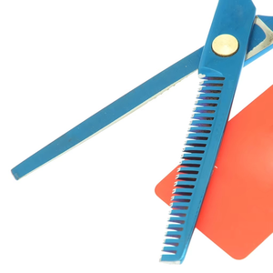 Tijeras Profesionales para Adelgazar el Cabello, Acero Inoxidable, Punta Redonda, Dientes Personalizados, para Diestros, Mango Largo, Plástico Naranja y Azul - Product Image 4