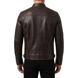 Dark Brown Stand Up Band Collar <b>Men</b> <b>Leather</b> <b>Jacket</b> Double Button Neck Fastening Classic Minimalist <b>Leather</b> <b>Jackets</b> - Product Image 2