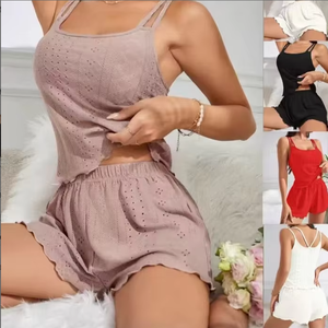 Conjunto de Salón de Punto Floral de Satén Negro para Mujer, Top sin Mangas con Pantalones Cortos de Cintura Elástica, Transpirable, para Verano e Invierno - Product Image 2