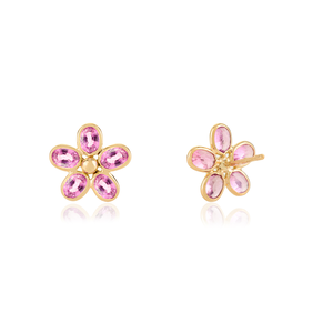14K Gold Floral Stud <b>Earrings</b> with Pear Cut Diamond and Pink Sapphire - Product Image 6