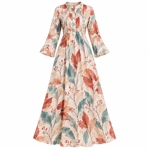 Vestido maxi con estampado floral para mujer, manga larga, plisado frontal, puños acampanados, elegante, línea A, modesto, informal, para fiesta. - Product Image 2