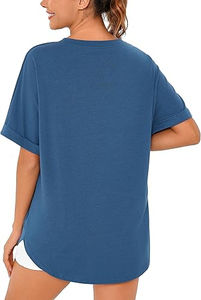 เสื้อยืดคอกลมแขนสั้นสีน้ำเงินสำหรับผู้หญิง พิมพ์ลายโลโก้ตามสั่ง ตกแต่งสวยงาม แฟชั่นฤดูร้อน สไตล์ลำลอง ผ้าแคนวาสสีพื้น - Product Image 4