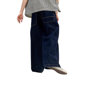 Pantalon en jean large pour homme, taille mi-haute, coupe droite ample, bleu foncé, en coton tissé, style streetwear, mode estivale, délavé uni - Product Image 2