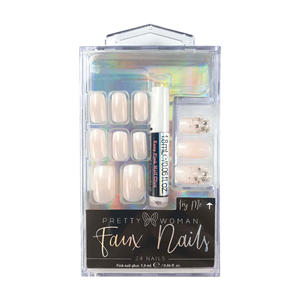 Kit Completo de Uñas Postizas Largas de ABS con Cristales, Forma Ataúd, Longitud Salón, 24 Piezas, Estampado Dorado, Acento Nude, DIY OEM/ODM Helios - Product Image 1