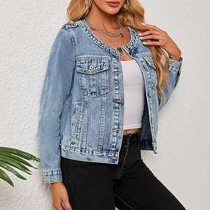 แจ็คเก็ตสำหรับผู้หญิง แจ็คเก็ตยีนส์สไตล์ตะวันตกแบบลำลองแขนยาวติดกระดุมไม่มีปกทันสมัย ชุดคอนเสิร์ตสไตล์คันทรี่ - Product Image 3