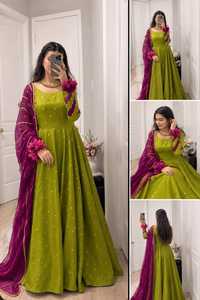 Robe Anarkali longue verte avec dupatta violet, tenue de mariage traditionnelle indienne et pakistanaise pour femmes, coupe ample en mousseline de soie - Product Image 2