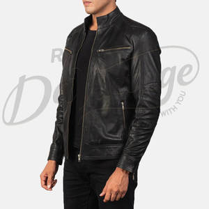 Blouson en cuir noir pour homme, véritable peau de mouton, coupe ajustée, style motard superposé, décontracté, automne-hiver - Product Image 5