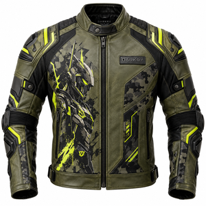 Chaqueta de Motociclista de Cuero con Cuello Alto, Resistente al Viento, con Estampado Mecánico Digital - Product Image 1