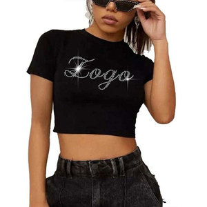 T-shirt court noir pour femme avec logo en strass, col rond, manches courtes, coupe ajustée, style club sexy, pour le printemps et l'été - Product Image 1