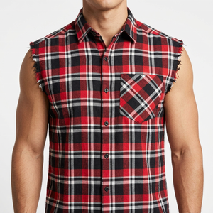 Camisa de Verano sin Mangas para Hombre, de Franela Tejida, Ajuste Holgado, Roja y Negra, de Alta Calidad, Antiarrugas, a Cuadros - Product Image 5