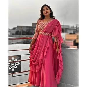 Vestido de Fiesta con Bordado de Georgette y Volantes con Dupatta Rosa, TENDENCIA - Product Image 1