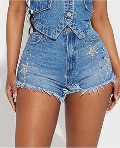 Shorts de mezclilla elásticos de talle alto con estampado y cremallera para mujer, estilo europeo-americano, talla grande, lavado arena, sexy, para verano - Product Image 6