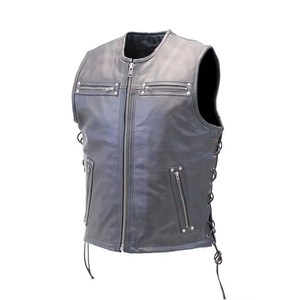 Gilet en cuir véritable pour homme avec fermeture éclair sur le devant, en cuir de vachette lavé, style motard, sans manches, streetwear, en vente - Product Image 4