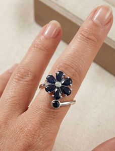 Blue Sapphire and Diamond <b>Ring</b> with Prong Setting in Rhodium Plated 92.5 Sterling Silver - Product Image 2