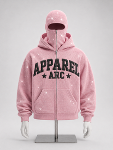 Custom Pink Rhinestone Full <b>Zip</b> Face Hoodie Heavyweight Crystal Fleece Streetwear OEM ODM Clothing Factory - Product Image 1