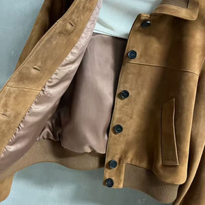 Women <b>Suede</b> Bomber <b>Jacket</b> Button Front Boxy Fit Ribbed Collar Casual Lightweight Outerwear - Product Image 2