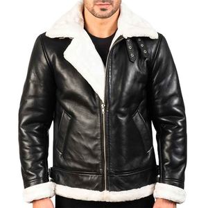 Veste en cuir premium avec fourrure blanche pour homme, en véritable peau de mouton, col à boucles, design élégant, vêtement extérieur personnalisé, tendance - Product Image 1
