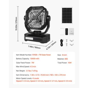 Lanterna LED Portatile da 8 Pollici 7W con Pannello Solare e Ventilatore 10400mAh per Campeggio, Luce Ricaricabile a Batteria per Uso Esterno - Product Image 5