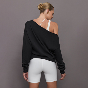 Women's Black Asymmetric <b>Off</b> <b>Shoulder</b> Oversized <b>Sweatshirt</b> Full Sleeve Knitted Solid Color Casual Pullover Autumn Wear - Product Image 3