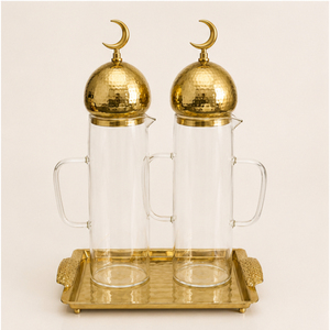 Ensemble de pichets à eau de luxe modernes faits à la main pour le Ramadan, avec couvercle en forme de croissant de lune, carafe et plateau de service doré martelé pour la décoration de table de l'Aïd - Product Image 6