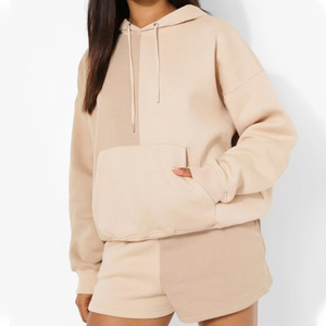 Conjunto de Sudadera con Capucha para Mujer, Color Sólido, Casual, Holgado, Manga Larga, con Cordón y Bolsillos, Pantalones Cortos de Algodón, Ropa Deportiva para Primavera - Product Image 1