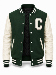 Veste universitaire unisexe verte en laine/polyester, patchwork brodé avec la lettre C, style preppy écologique, col rabattu, hiver - Product Image 2