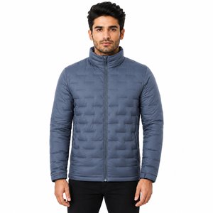 Livster <b>Mens</b> <b>Blue</b> Breathable Canvas Quilted Puffer Jacket High Stand Collar Full Front Zipper Closure Modern Horizontal Channel - Product Image 1