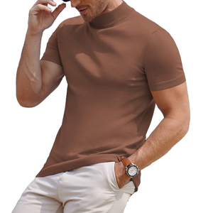 <b>Men's</b> Brown Short Sleeve Knitted <b>Turtleneck</b> Pullover Solid Color Regular Fit Summer <b>Sweater</b> Top - Product Image 3
