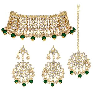 Conjunto de joyería Kundan chapado en oro con cuentas verdes y cristales blancos, diseño floral, collar y aretes étnicos para boda, para mujeres. - Product Image 1