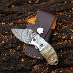 Premium Stainless Damascus Folding Knife Ram Horn Handle Outdoor Hunting <b>Small</b> Pocket Handmade EDC Utility Knife Drop Point - Product Image 1