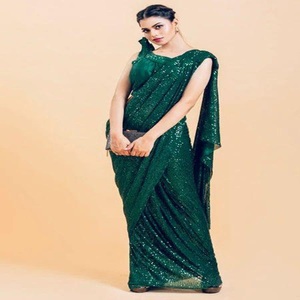 Sari de Georgette con lentejuelas estilo Bollywood, de primera calidad, con bordado de diseñador, sari indio con trabajo de lentejuelas pesadas para bodas y fiestas. - Product Image 1