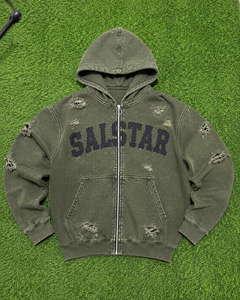เสื้อแจ็คเก็ตฮู้ดดี้ยีนส์สีเขียวมะกอกสไตล์วินเทจสำหรับผู้ชาย  แบบซิป  ไซส์ใหญ่  สกรีนโลโก้ได้  สตรีทแวร์ลำลอง - Product Image 6