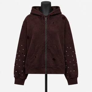 Sudadera con capucha y cremallera personalizada al por mayor con pedrería desgastada, estilo vintage, fabricante y proveedor OEM ODM - Product Image 1