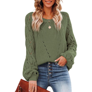 Pull décontracté pour femme en maille ajourée vert olive, anti-boulochage, color-block, épais, col rond, manches classiques, idéal pour l'automne - Product Image 6