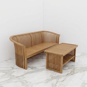 Modern Solid Teak <b>Garden</b> Set Fluted Slat Curved Outdoor Patio <b>Bench</b> Coffee <b>Table</b> Villa Resort Backyard Contract Furniture Supply - Product Image 4