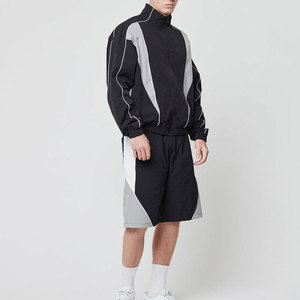 Men's Black Gray Solid Skinny <b>Wind</b> <b>Breaker</b> Tracksuit Full Sleeve Drawstring Stand Collar Sporty Breathable Lightweight - Product Image 1