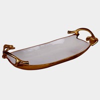 Plateau décoratif en aluminium brut avec motif de feuilles, finition antique patinée, forme irrégulière, emballage en une seule pièce
