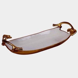Plateau décoratif en aluminium brut avec motif de feuilles, finition antique patinée, forme irrégulière, emballage en une seule pièce - Product Image 3