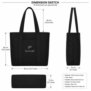 Sac fourre-tout en toile noire avec broderie « Keep It Simple », design minimaliste pour le shopping en toutes saisons - Product Image 2
