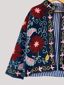 Floral Embroidered Velvet Jacket Mandarin Collar Full Sleeve Plus Size Women'<b>s</b> Prairie Chic Autumn Style - Product Image 3