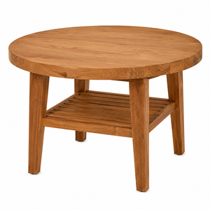 Table à manger ronde en teck scandinave moderne avec étagère inférieure à lattes, durable, imperméable et écologique pour la maison, l'hôtel, la villa - Product Image 1