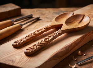 Ensemble de 2 cuillères à salade en bois sculptées à la main, design traditionnel, finition mate, pour événements de restauration et utilisation sur table. - Product Image 4