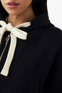 OEM/ODM Women's <b>Black</b> <b>Zip</b> <b>Up</b> Cropped <b>Hoodie</b> with White Drawstring Drop Shoulder Fleece Sweatshirt - Product Image 3