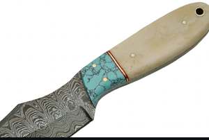 Couteau à lame large, manche pleine en pierre turquoise et os, pour le traitement sur le terrain, en acier Damas fixe de précision. - Product Image 3